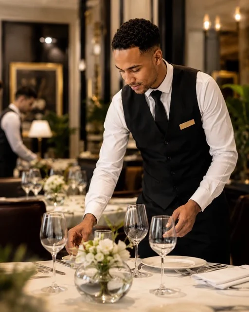 Formation restauration : serveur en tenue professionnelle dressant une table dans un restaurant élégant